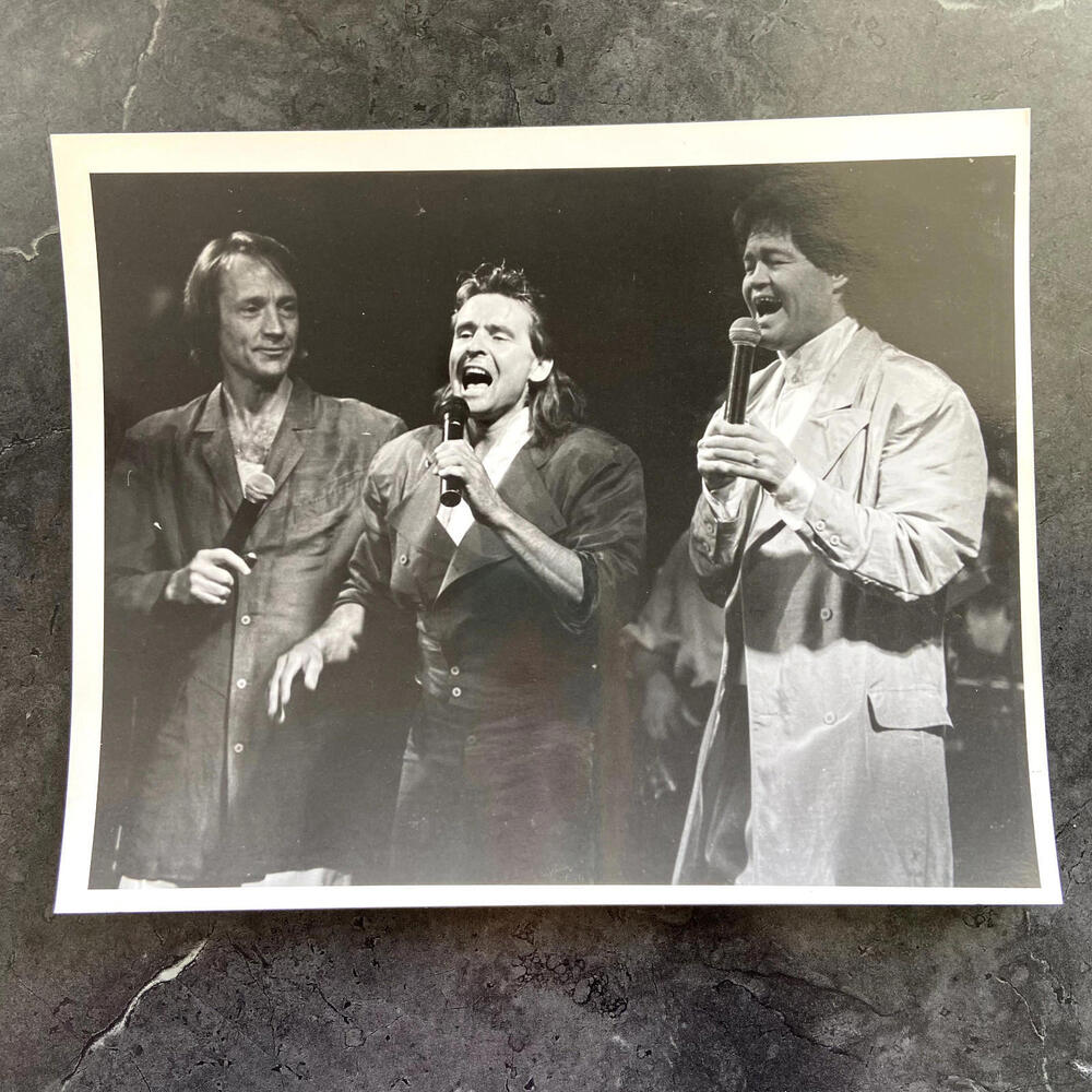 Vintage 80s Peter Tork, Davy Jones and Micky Singing Stage B&W 8x10 Photograph